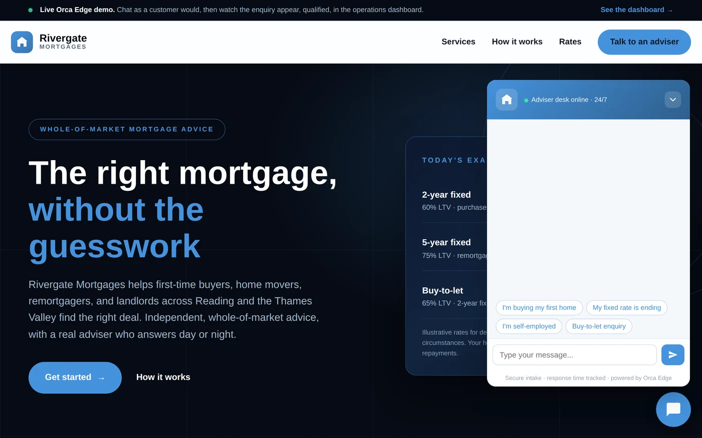 The live Tool 1 demo: Rivergate Mortgages site with the AI intake chat open